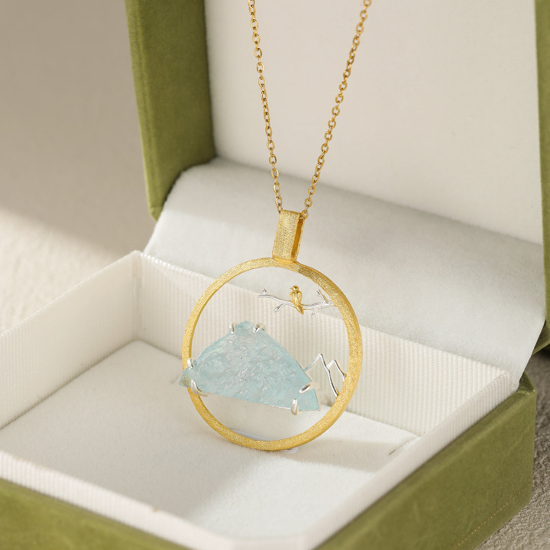 Collier Aigue Marine – Petit Oiseau, Argent Plaqué Or