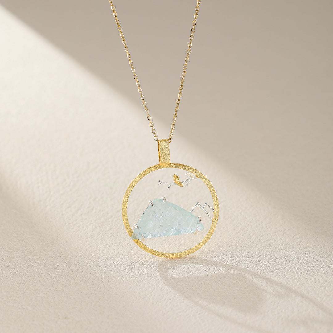 Collier Aigue Marine – Petit Oiseau, Argent Plaqué Or