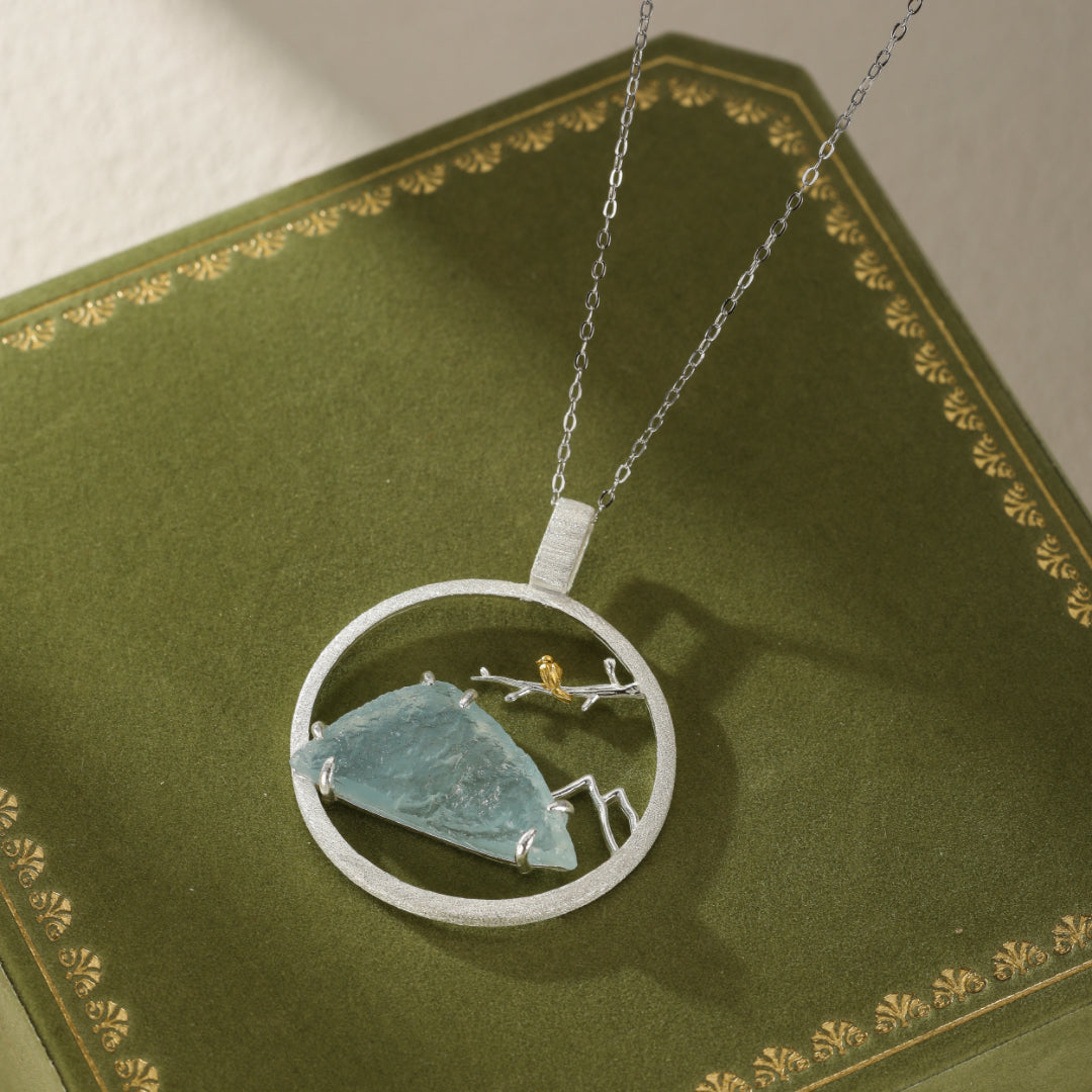 Collier Aigue Marine – Petit Oiseau, Argent Plaqué Or