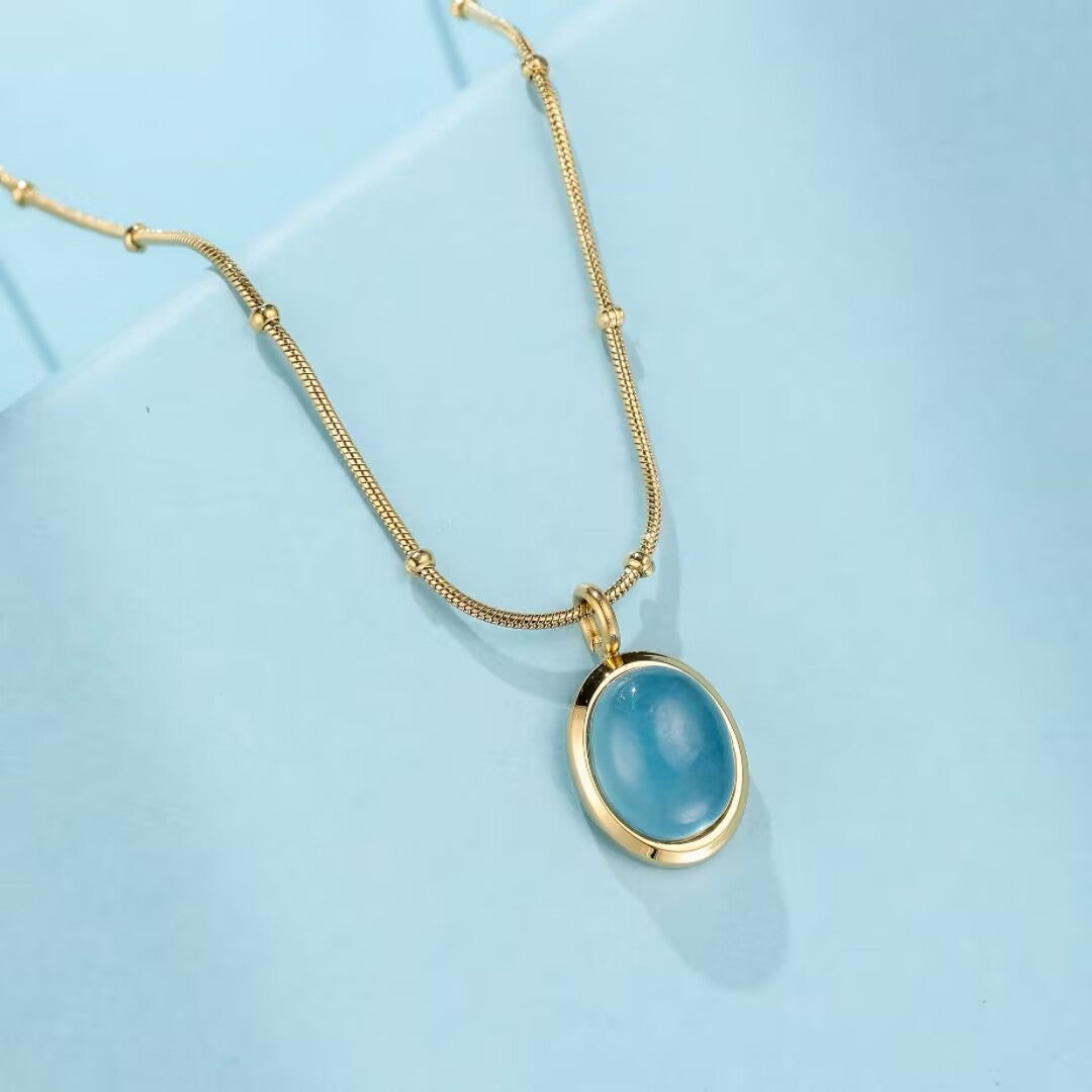 Collier Aigue Marine – Rêverie Marine, Acier Titane Plaqué Or 18K