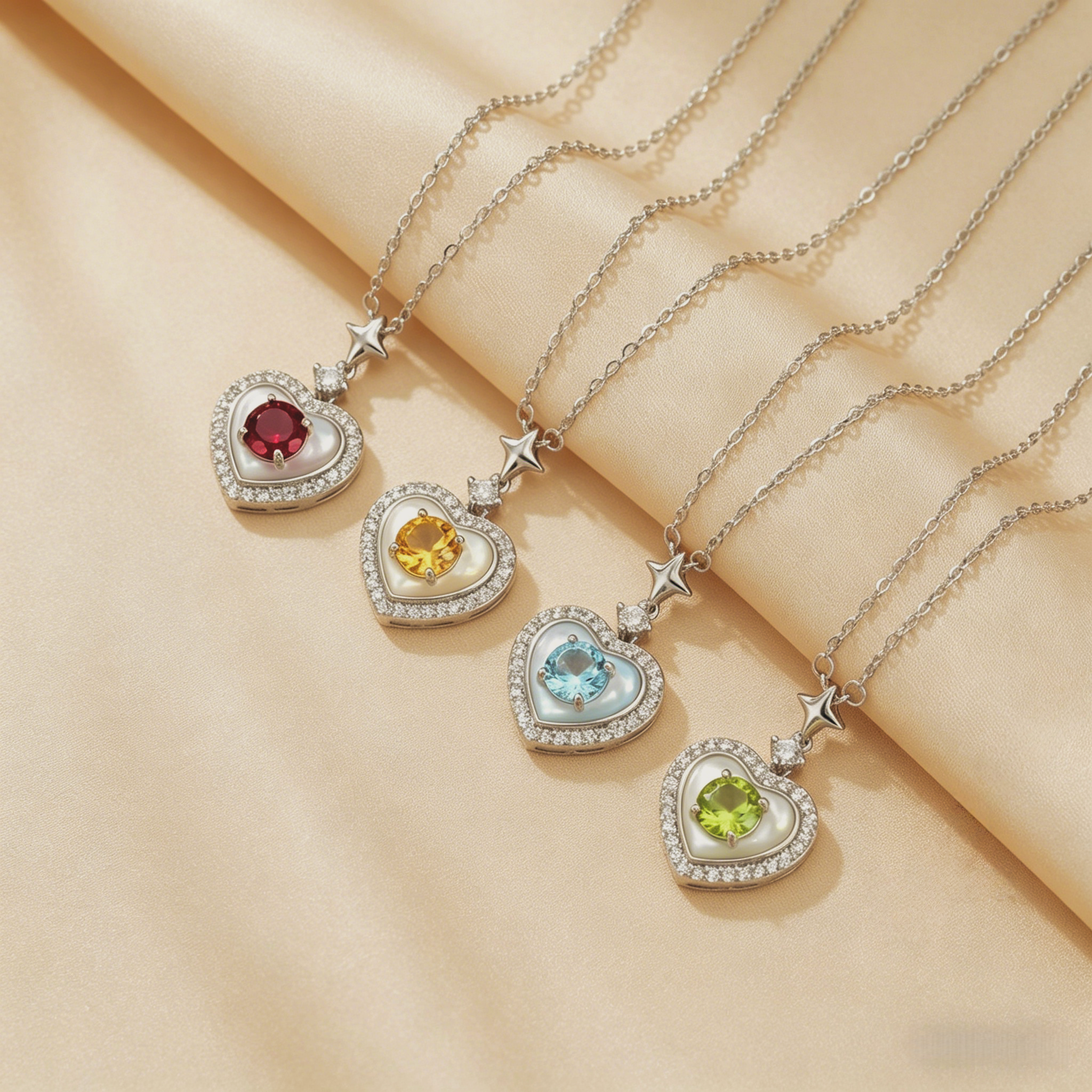 Quatre colliers en argent plaqué or 18 carats, chacun avec un pendentif en forme de cœur serti d'une pierre de naissance différente (rouge, jaune, bleue et verte) et entouré de nacre et de cristaux.