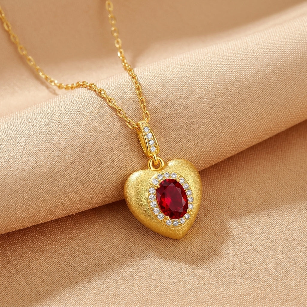 Collier pendentif cœur plaqué or avec une pierre rouge ovale entourée de petites pierres scintillantes.