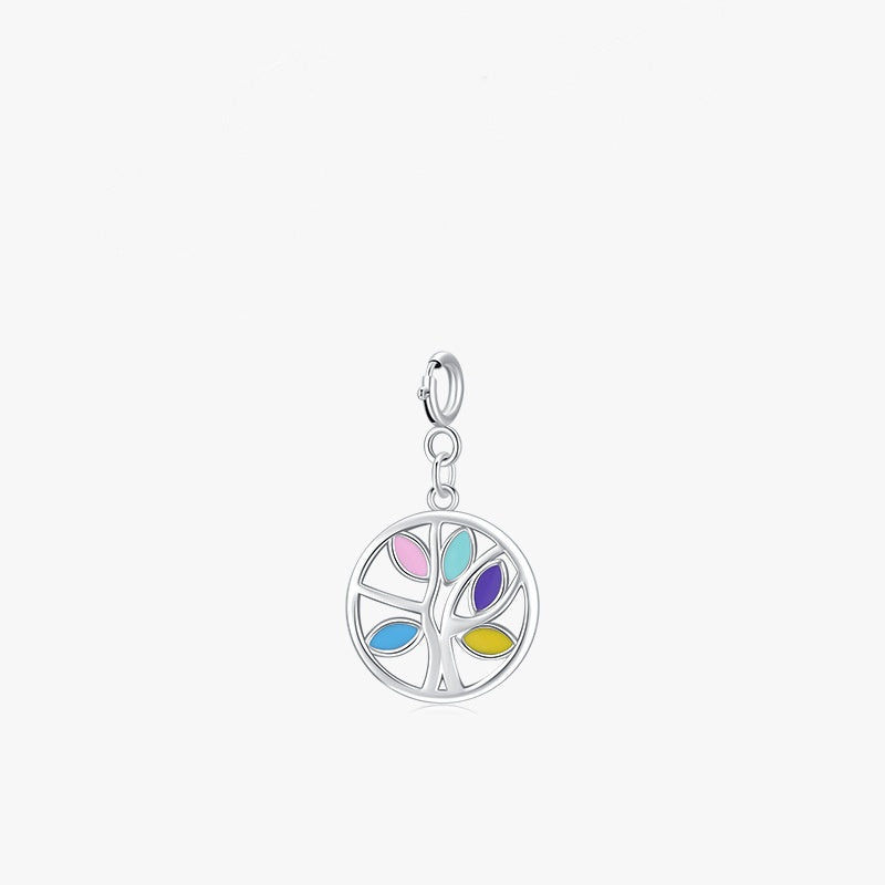 Pendentif Arbre de Vie en argent avec des feuilles colorées rose, bleu clair, violet et jaune.