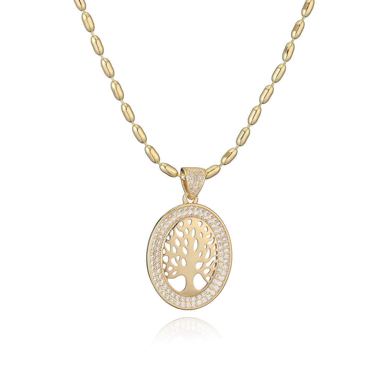 Collier plaqué or avec un pendentif ovale Arbre de Vie serti de zircons et une chaîne à billes