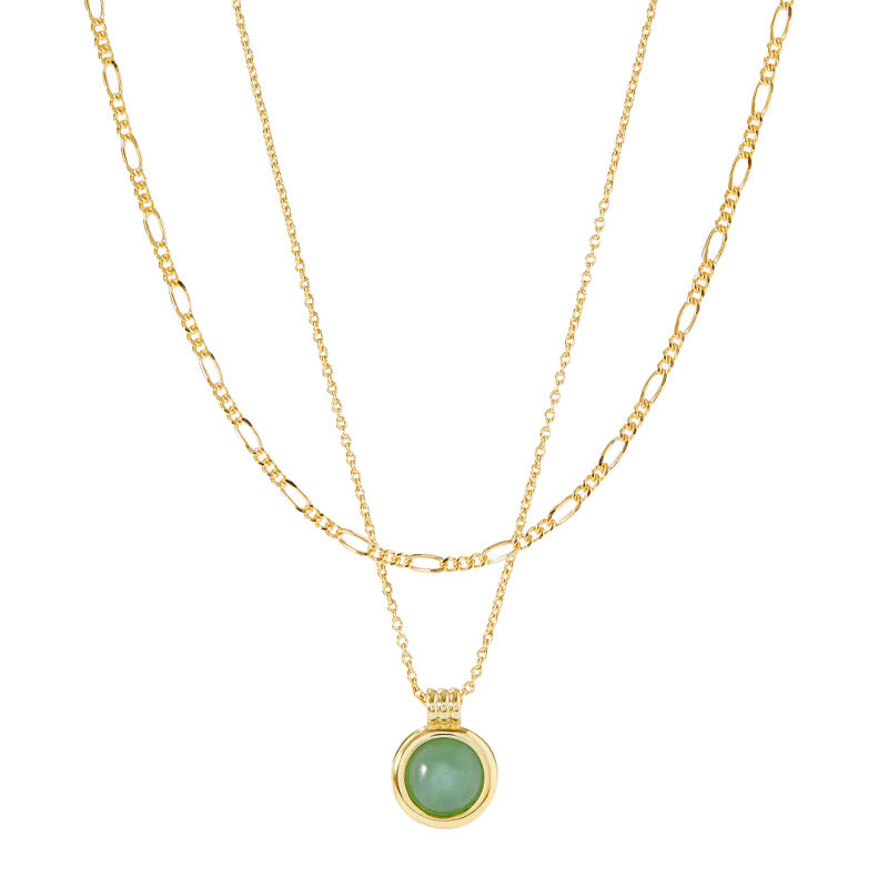 Collier double chaîne plaqué or avec pendentif rond en aventurine verte