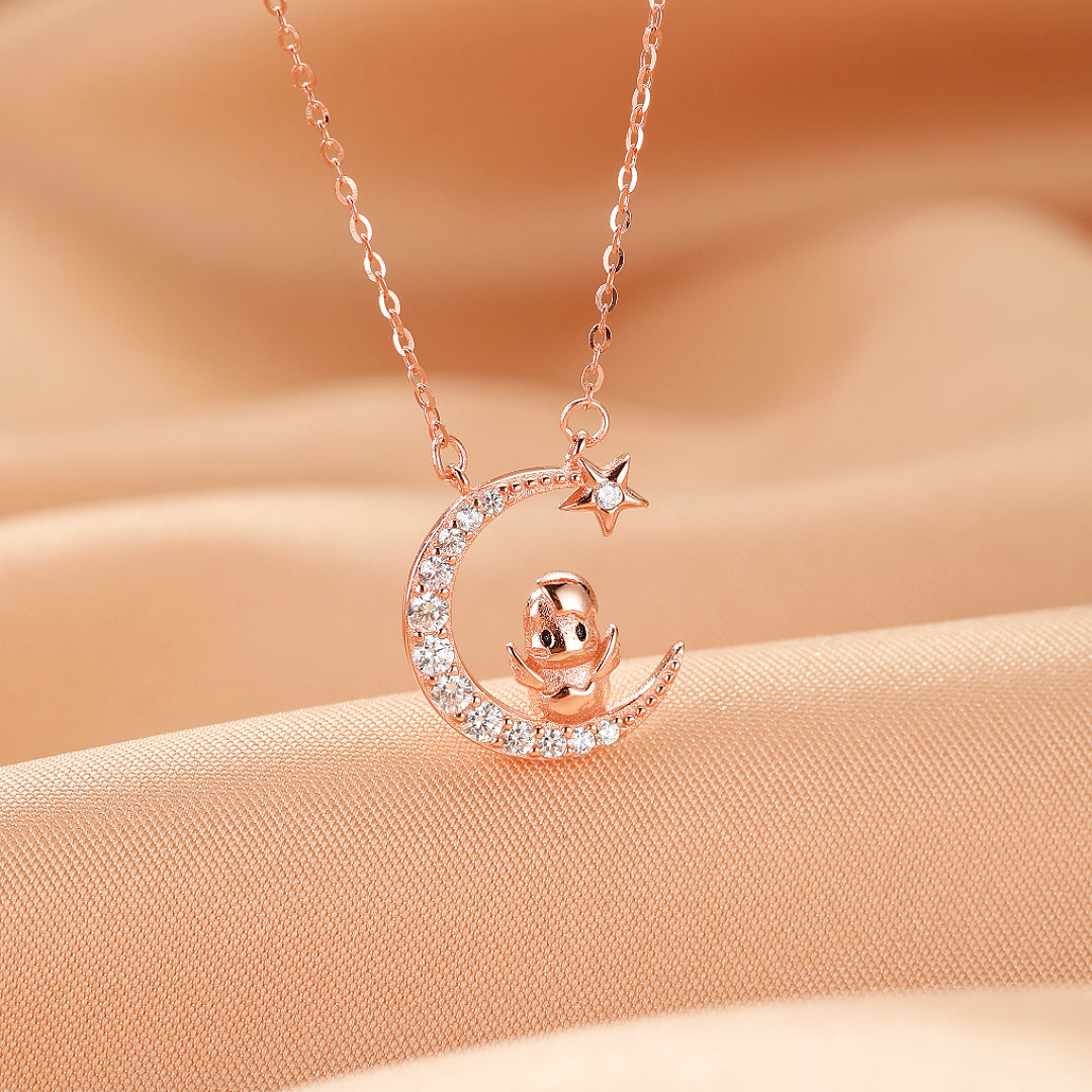 Collier Cheval/Coq Lune – Lune Animale, Argent Plaqué Or Rose