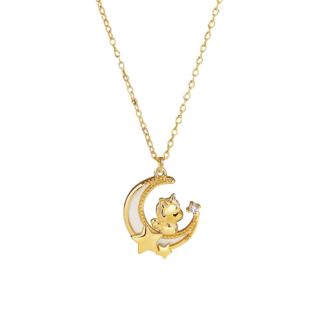 Collier cheval lune étoiles en argent 925 plaqué or 18K, zircon étincelant, une pièce unique pour femmes.