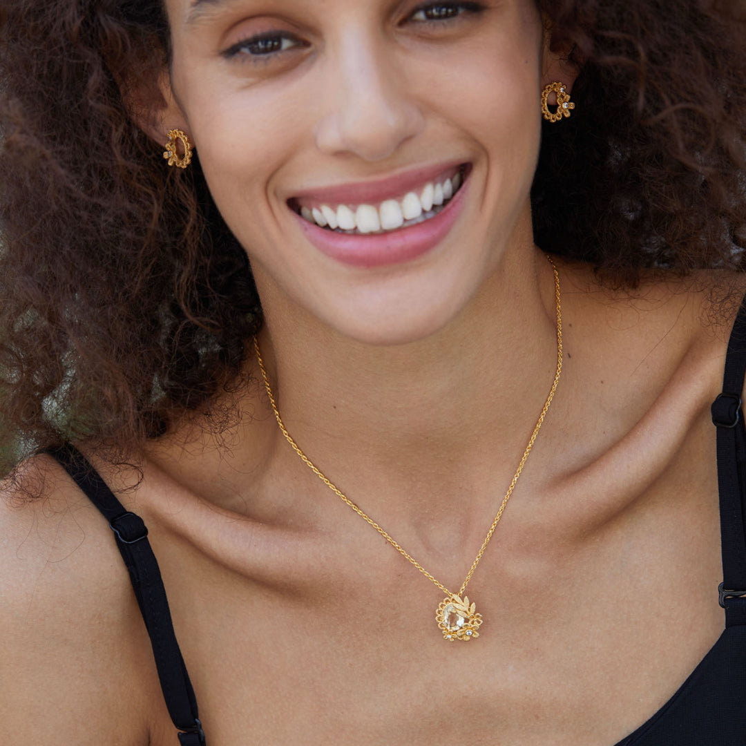 Collier Citrine – Couronne Fleurie, Argent Plaqué Or