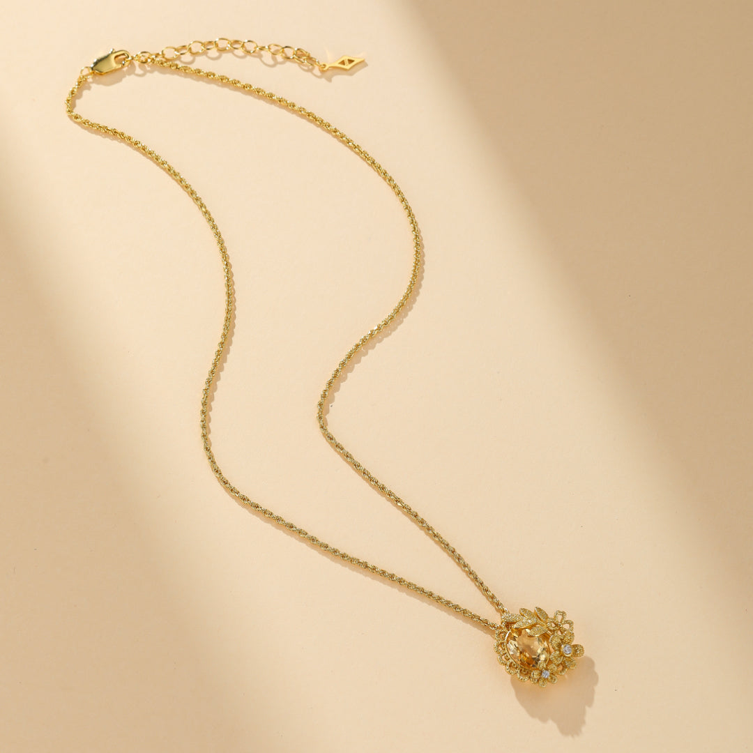 Collier Citrine – Couronne Fleurie, Argent Plaqué Or