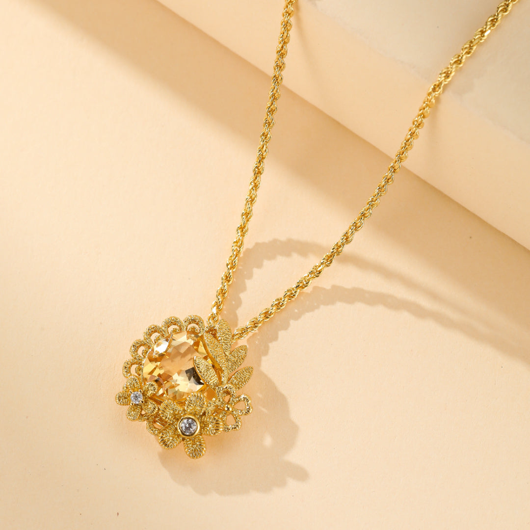 Collier Citrine – Couronne Fleurie, Argent Plaqué Or