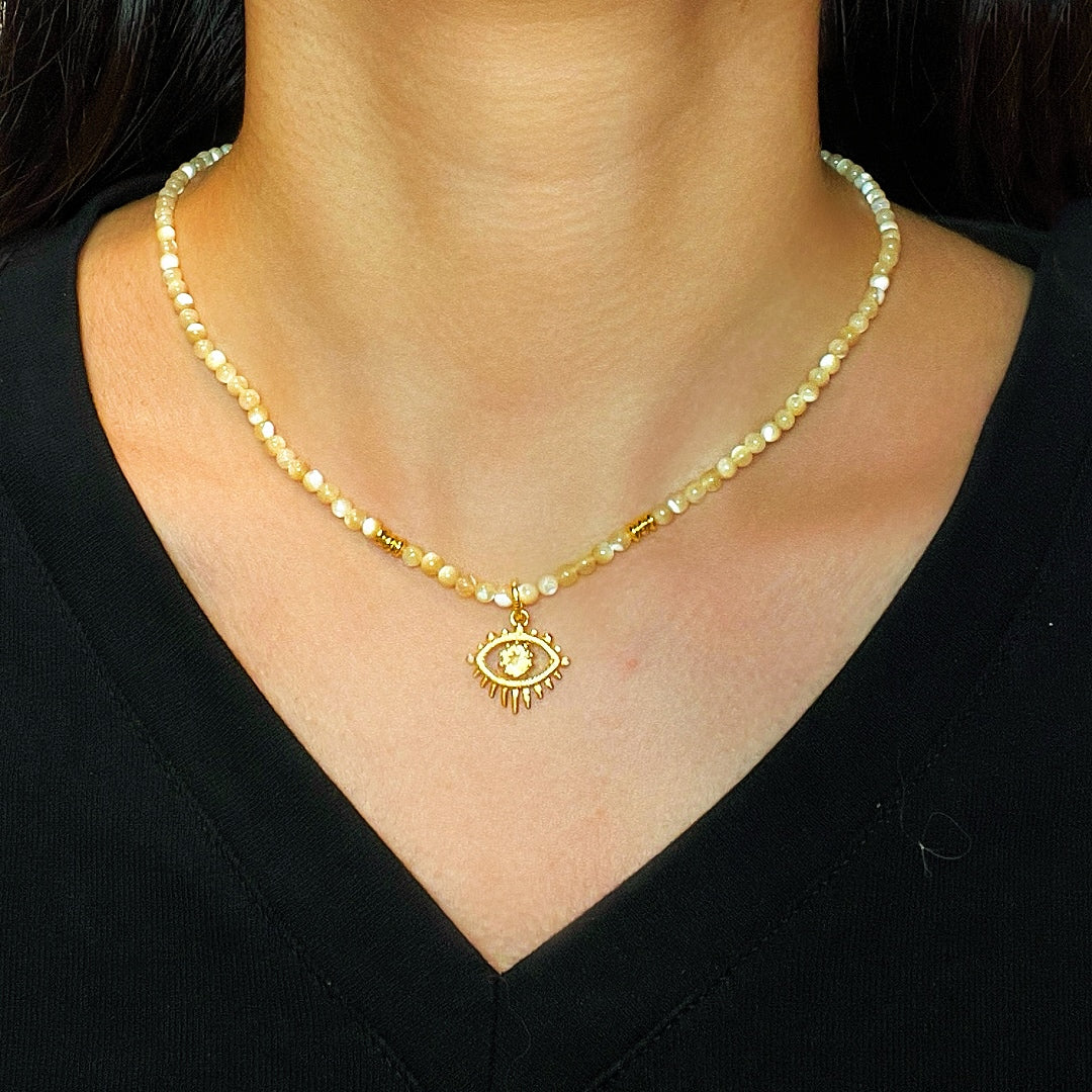 Collier Citrine Mauvais Œil – Aura Dorée, Argent Plaqué Or