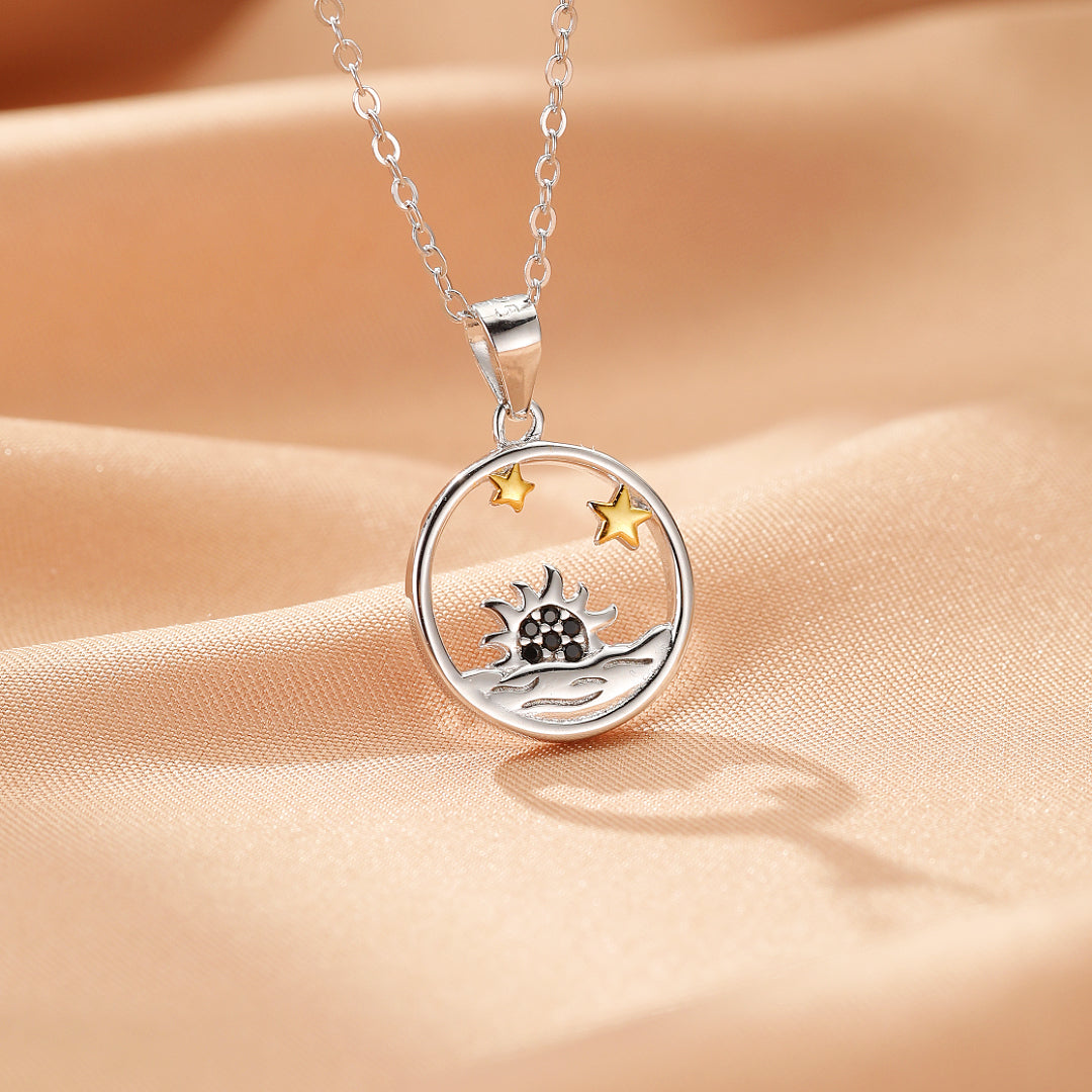 Collier Couple – Soleil et Lune Étoilés, Argent