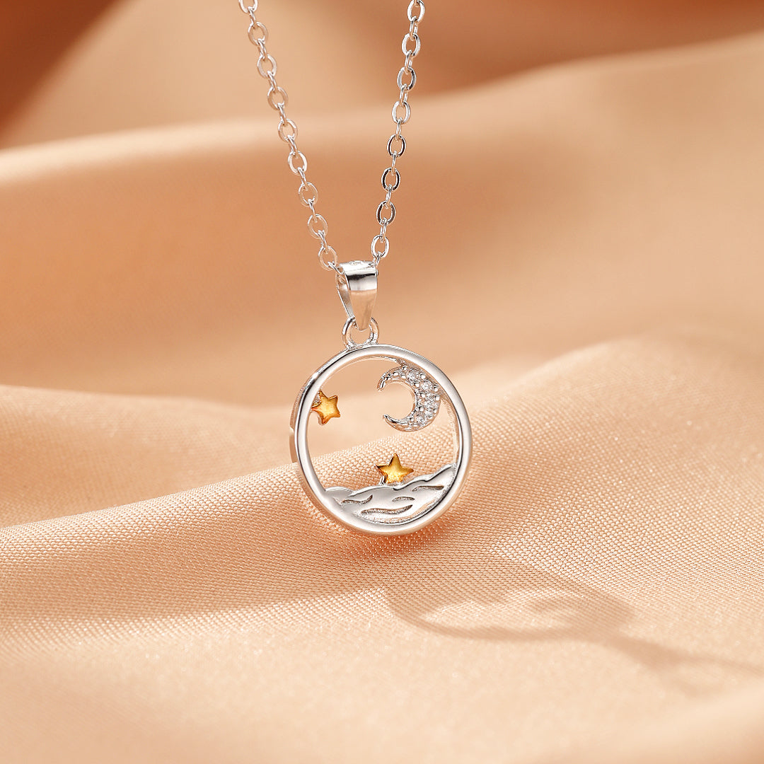 Collier Couple – Soleil et Lune Étoilés, Argent