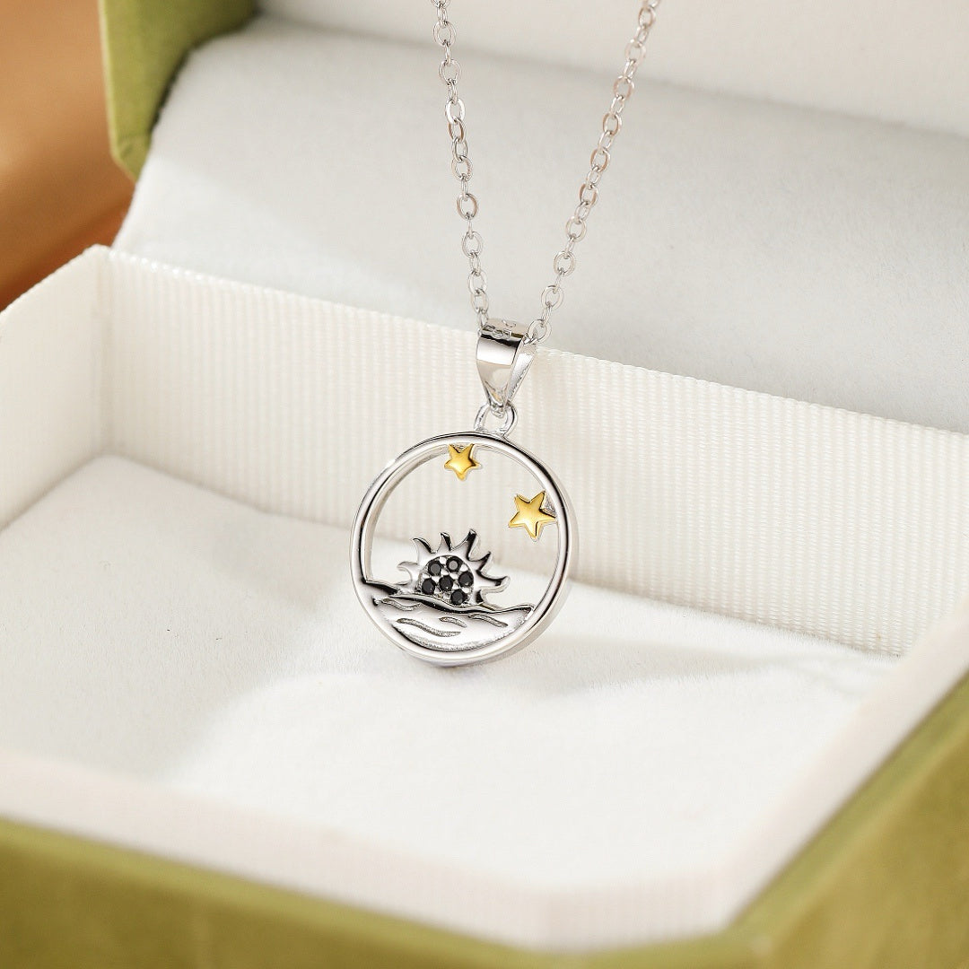 Collier Couple – Soleil et Lune Étoilés, Argent