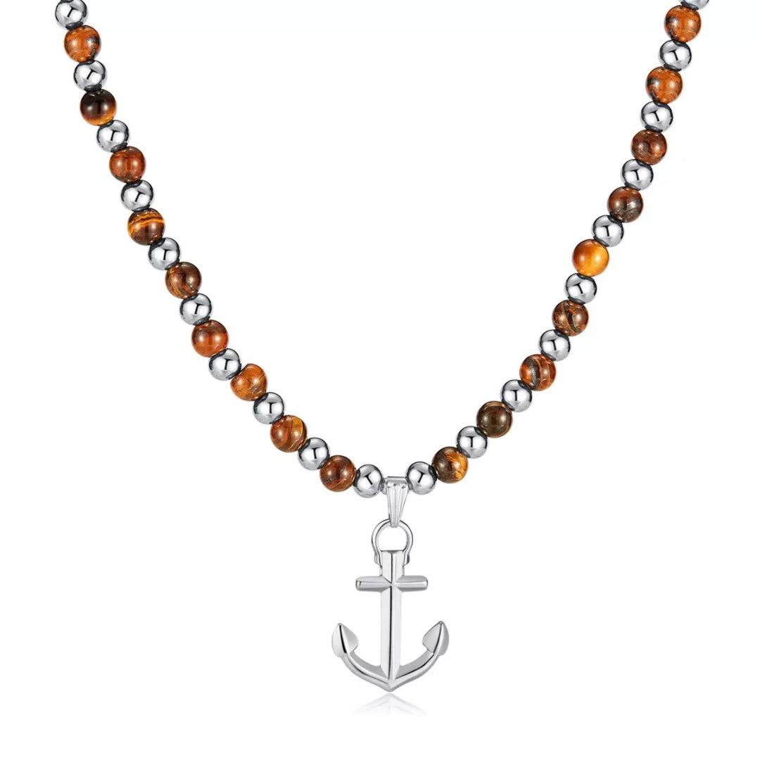 Collier homme avec perles œil de tigre marron et argent, orné d'un pendentif ancre marine argenté, style marin.