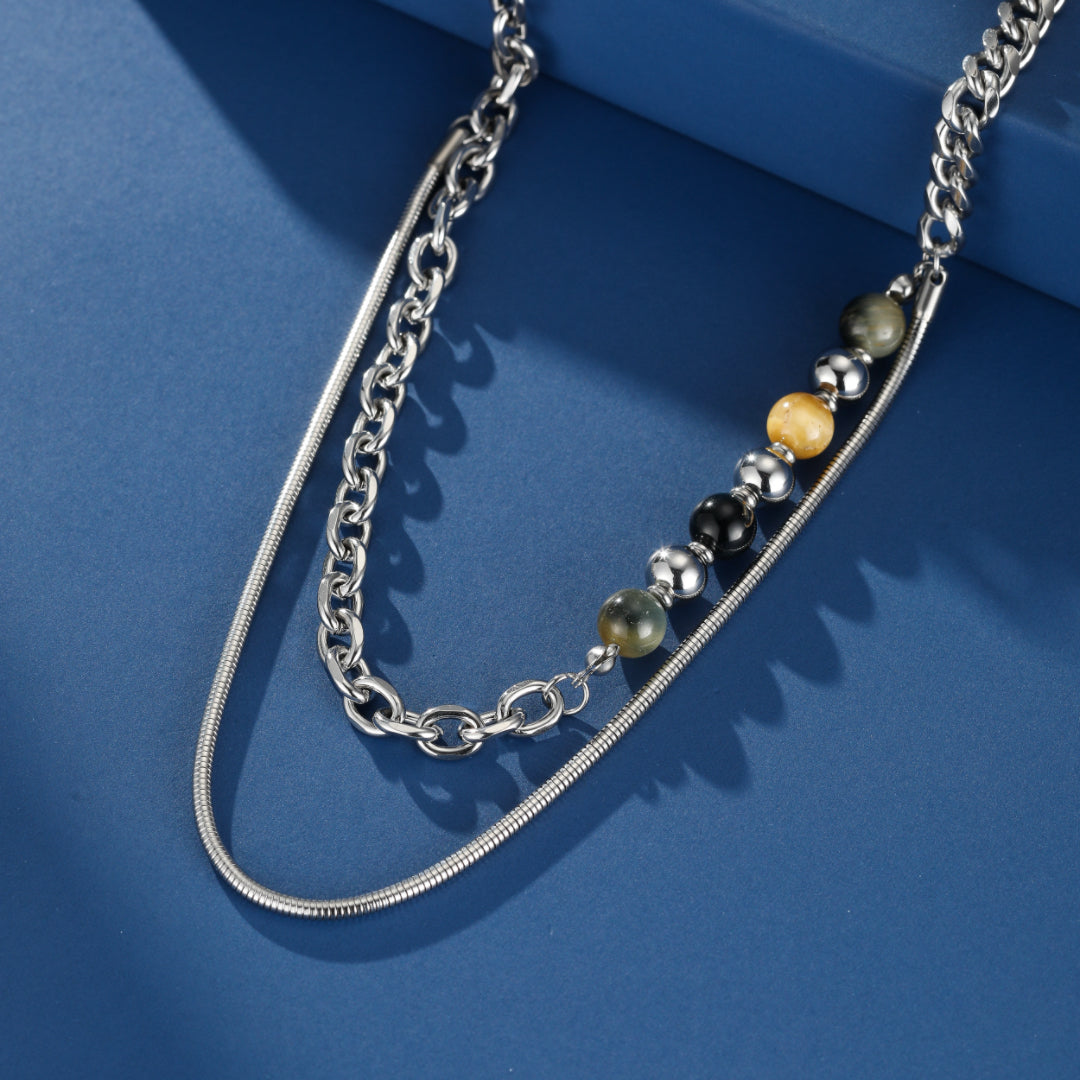 Collier homme Fusion Urbaine double chaîne en argent avec perles œil de tigre, obsidienne et acier inoxydable et acier.
