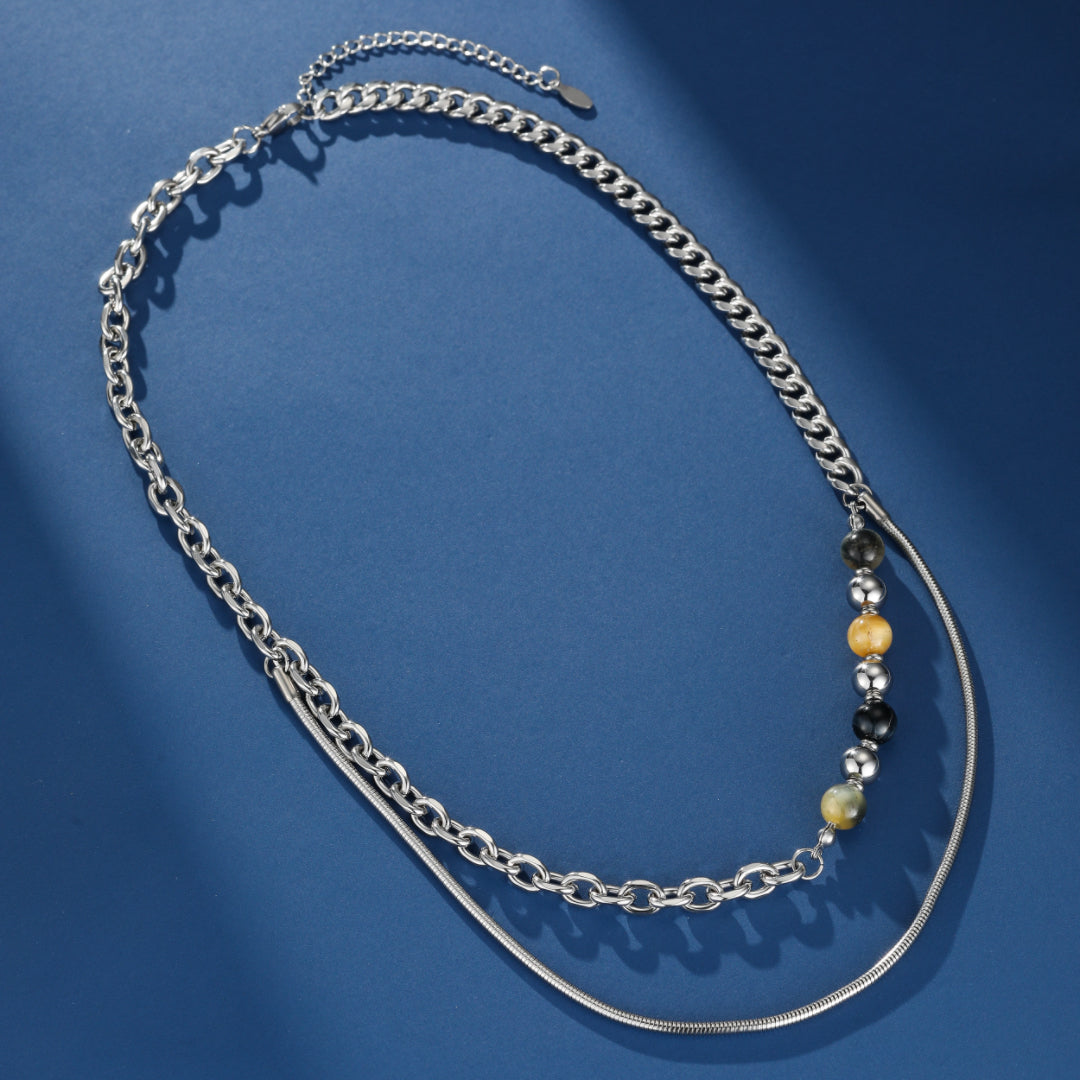 Collier homme style urbain avec double chaîne en argent et perles œil de tigre, onyx et argent