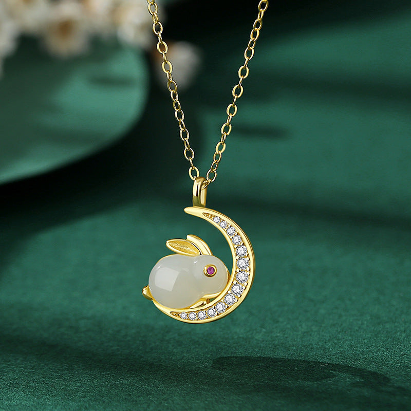 Rabbit on Moon Necklace in Jade and 925 Silver