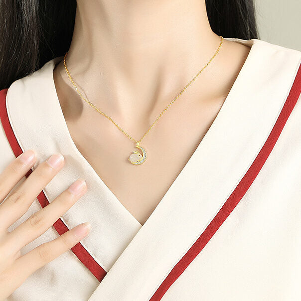 Rabbit on Moon Necklace in Jade and 925 Silver