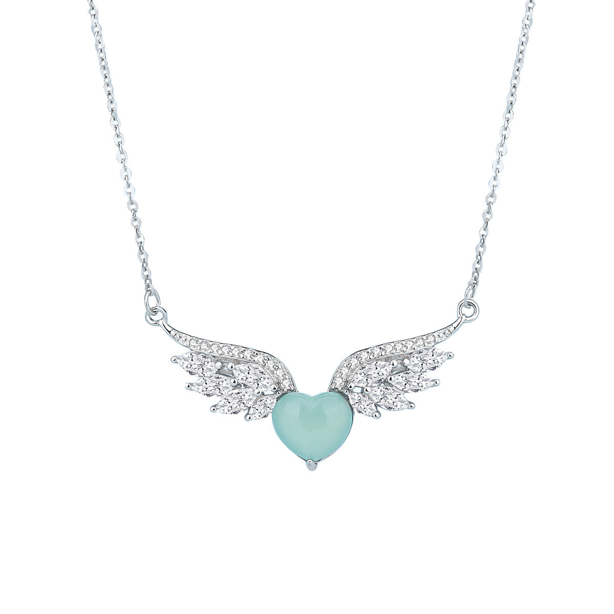Collier Ailes Célestes en argent avec pendentif cœur en jadeïte vert clair et détails en zircon cubique