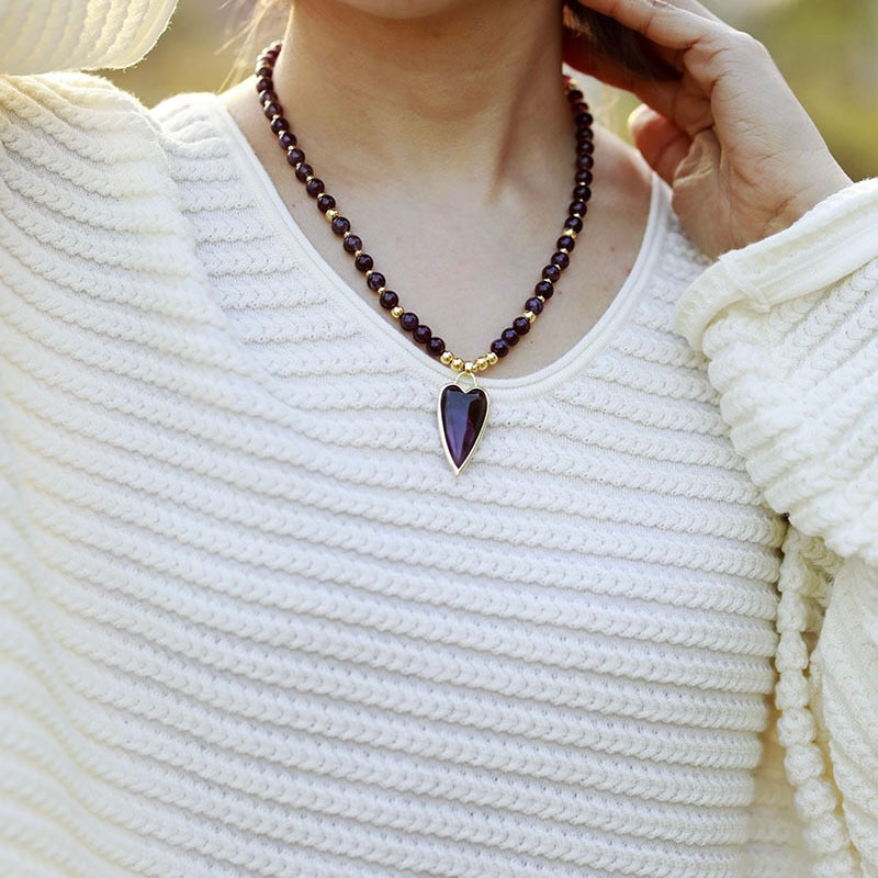 Labradorite or Amethyst Necklace – Shining Heart, Gold Plated