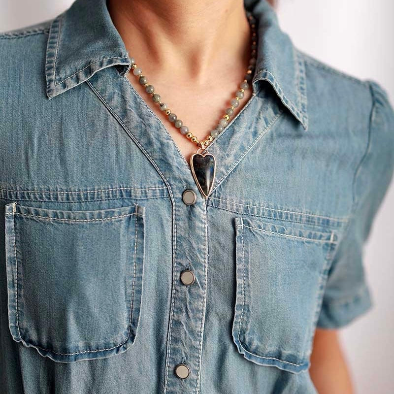 Collier Labradorite ou Améthyste – Cœur Brillant, Plaqué Or