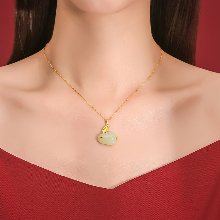 Collier Lapin en Jade – Sagesse, Argent Plaqué Or