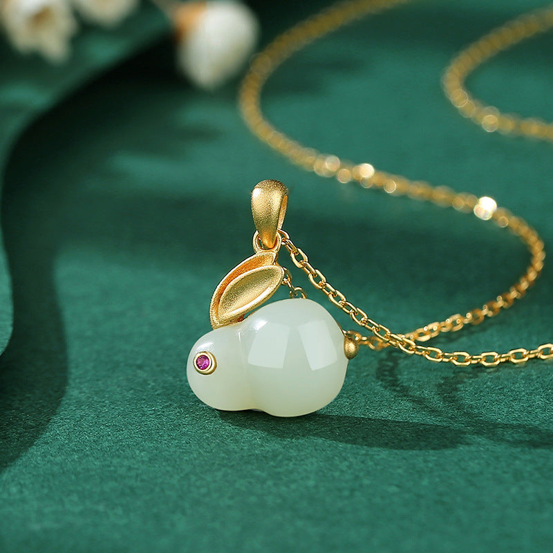 Collier Lapin en Jade – Sagesse, Argent Plaqué Or