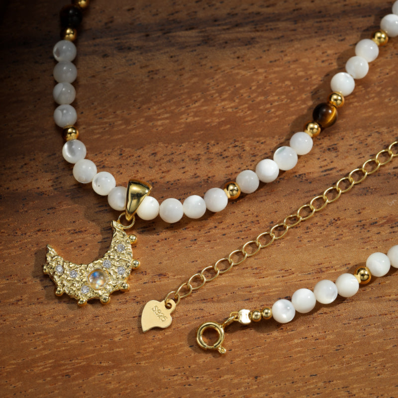 Collier Lune en Pierre de Lune – Rêve Céleste, Argent Plaqué Or
