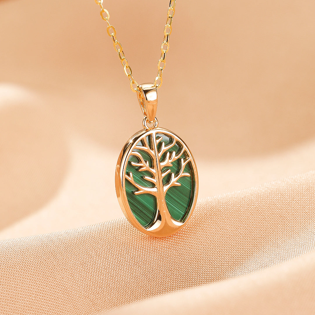 Collier Malachite – Arbre de Vie Intemporel, Argent Plaqué Or
