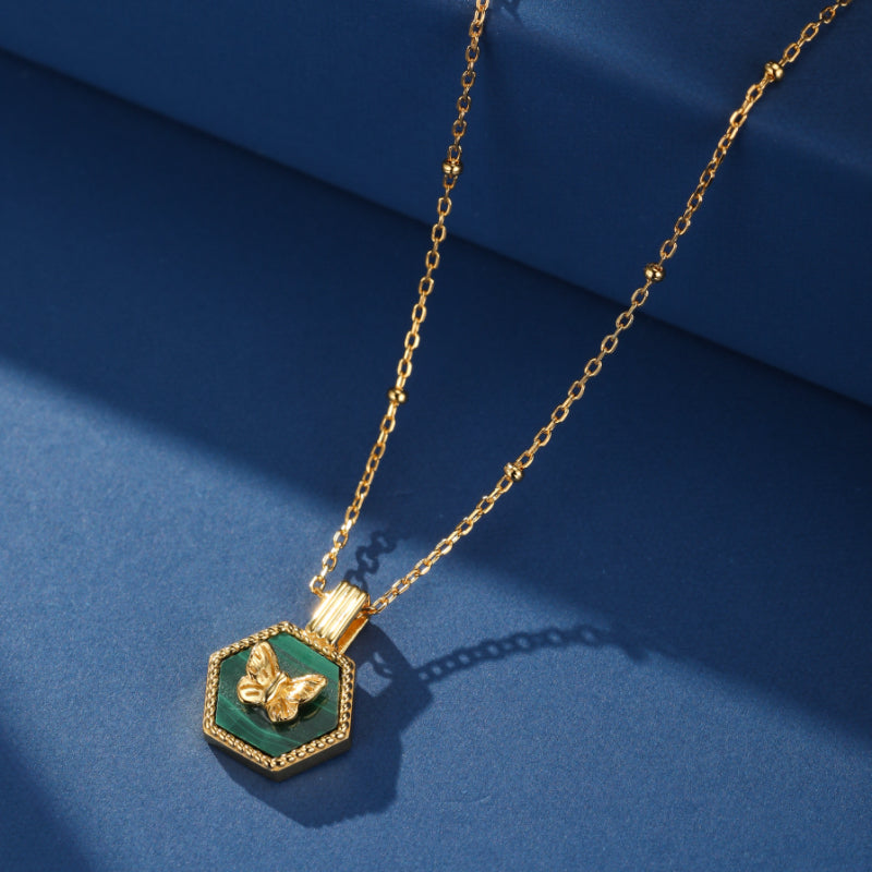 Malachite Necklace Gold Plated Silver Pendant - Butterfly | Momentici