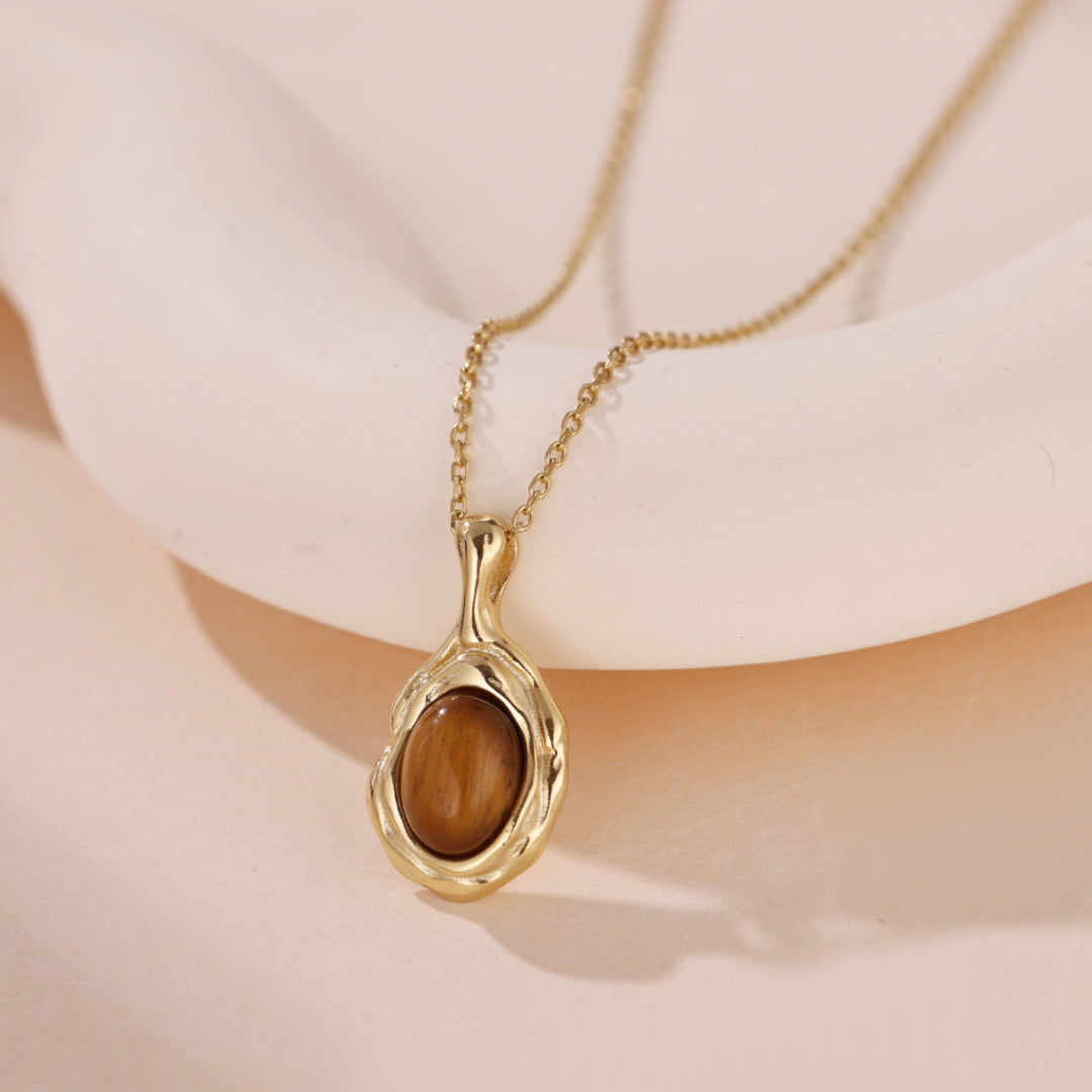 Collier Oeil de Tigre – Lave Scintillante, Argent Plaqué Or