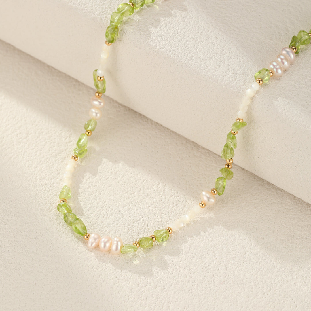 Collier Péridot, Perles et Nacre – Gouttes Solaires, Argent Plaqué Or