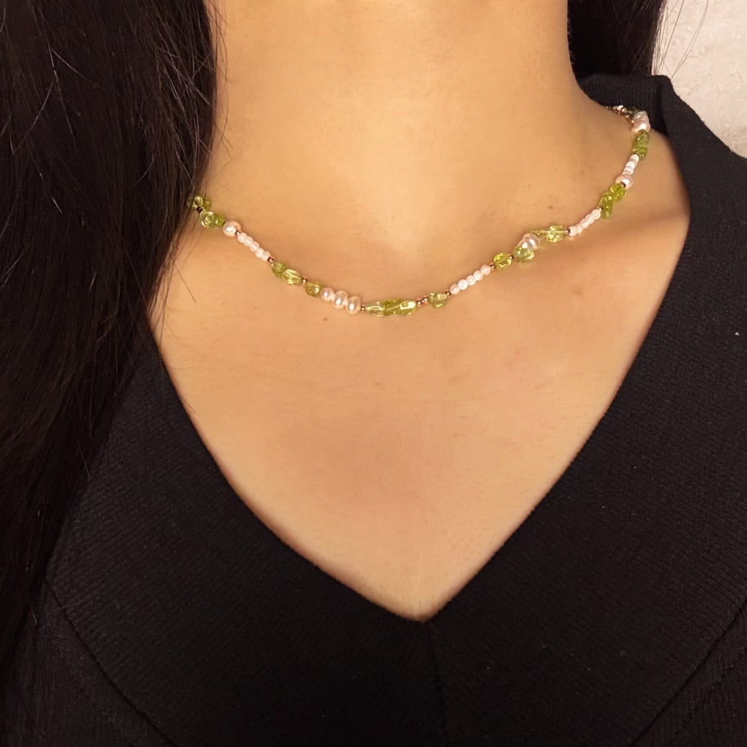 Collier Péridot, Perles et Nacre – Gouttes Solaires, Argent Plaqué Or