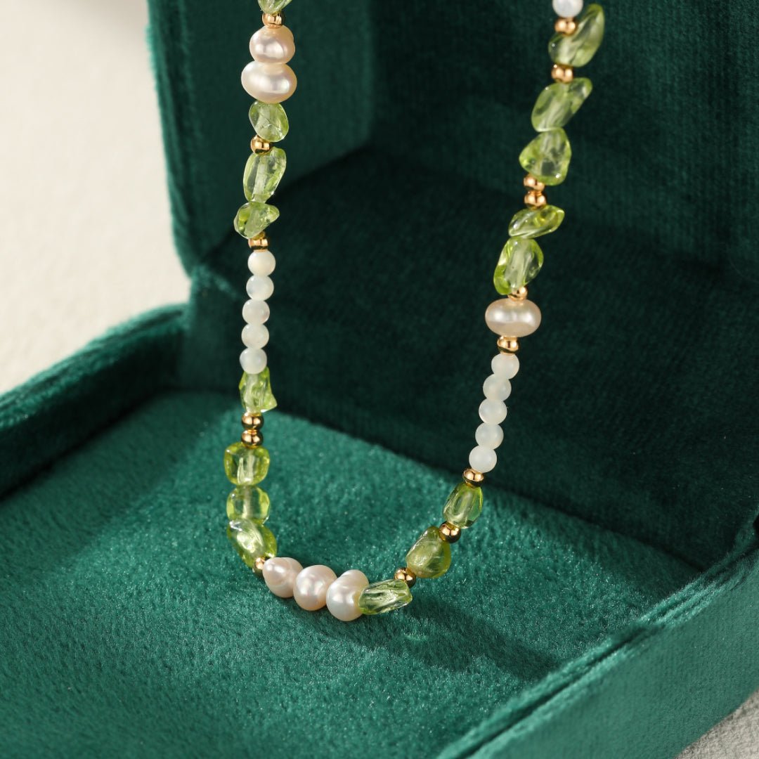 Collier Péridot, Perles et Nacre – Gouttes Solaires, Argent Plaqué Or