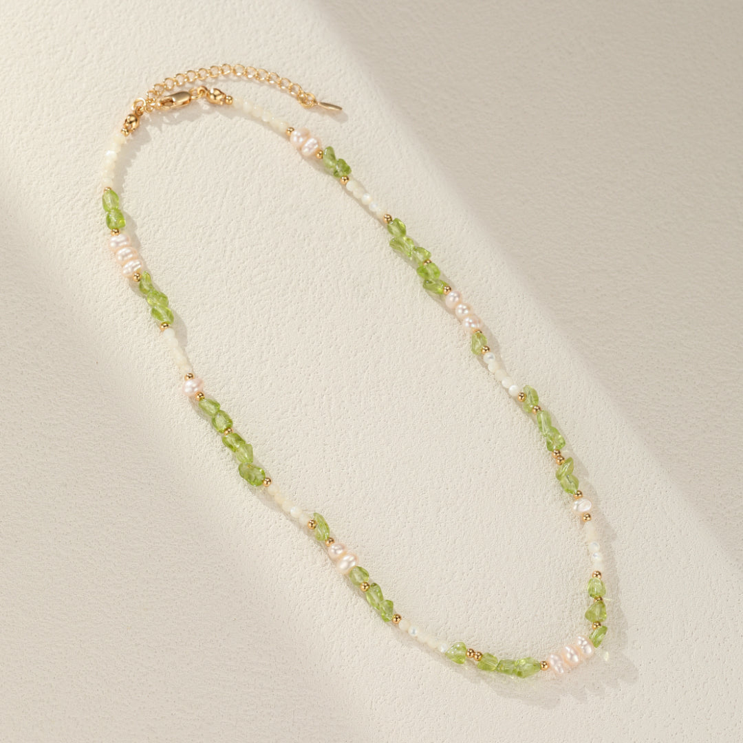 Collier Péridot, Perles et Nacre – Gouttes Solaires, Argent Plaqué Or