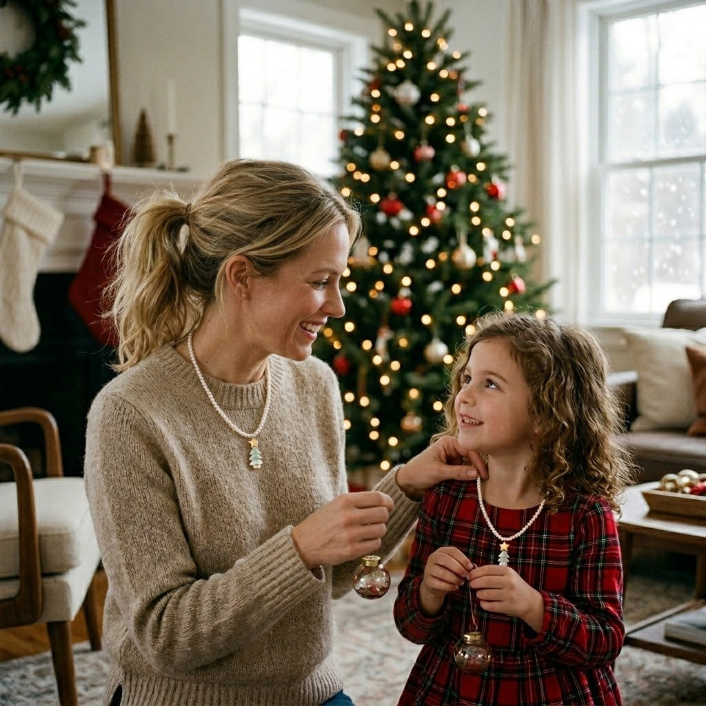 Une mère et sa fille portant des colliers de perles avec des pendentifs en forme d'arbre de Noël devant un sapin de Noël illuminé dans un salon décoré pour les fêtes.