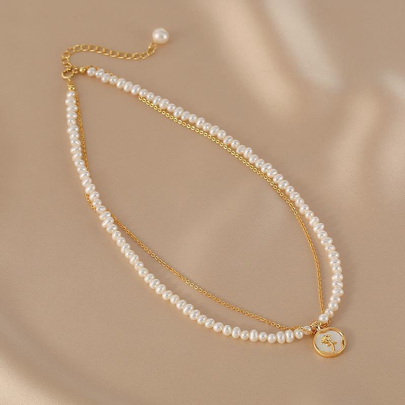 'Rose' Necklace Double Chain in Freshwater Pearl and Gold Plated Silver