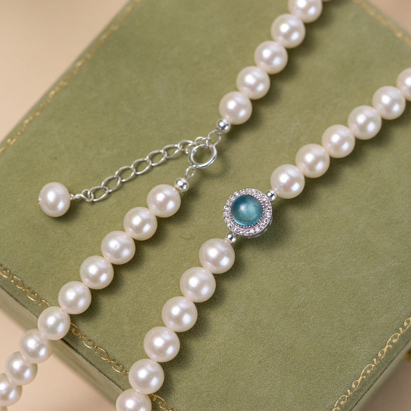 Collier Perle et Aigue Marine – Harmonie Océanique, Argent