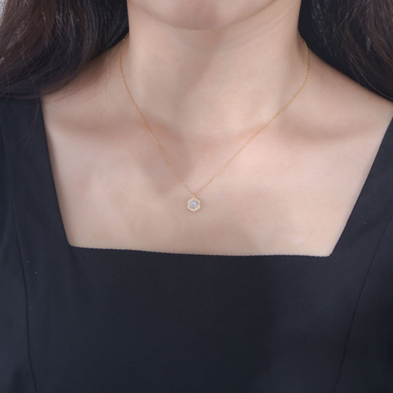 Moonstone Necklace – Luminous Hexagon, Gold Plated Silver