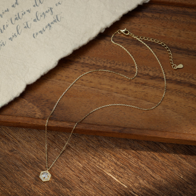 Moonstone Necklace – Luminous Hexagon, Gold Plated Silver