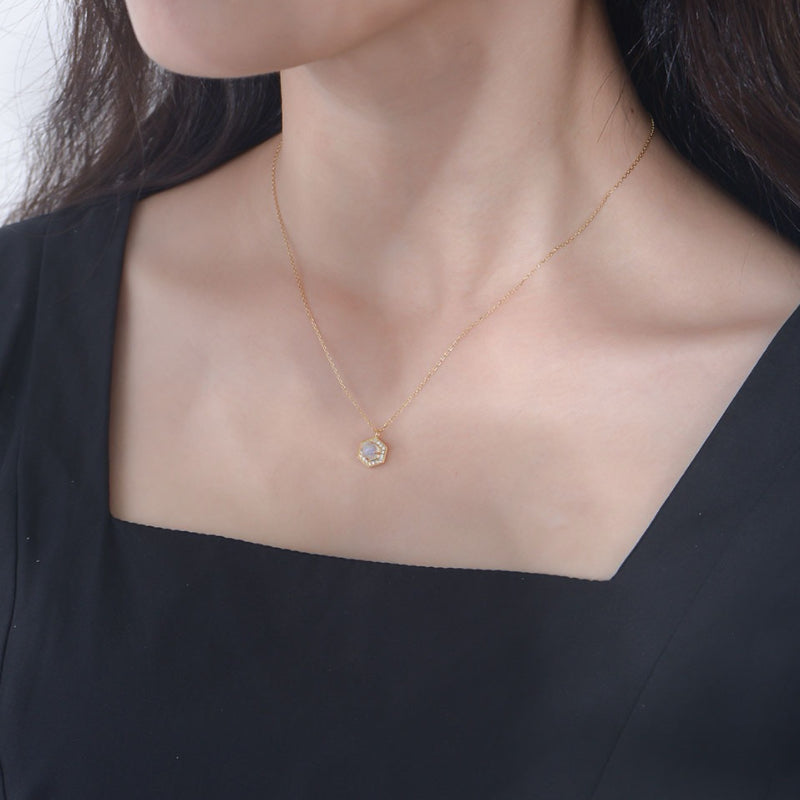Moonstone Necklace – Luminous Hexagon, Gold Plated Silver