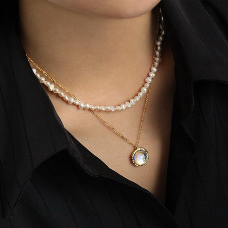 Collier Pierre de Lune – Rêve Étoilé, Argent Plaqué Or