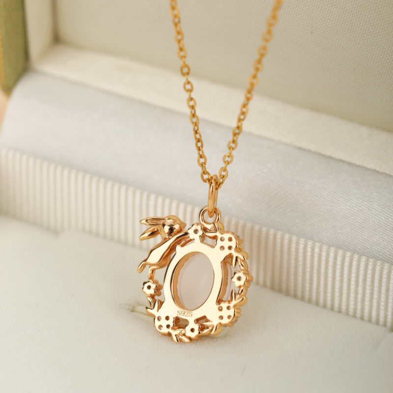 Collier Quartz Rose – Douceur Lapinesque,Argent Plaqué Or