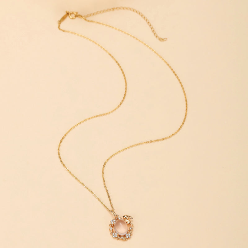 Collier Quartz Rose – Douceur Lapinesque,Argent Plaqué Or