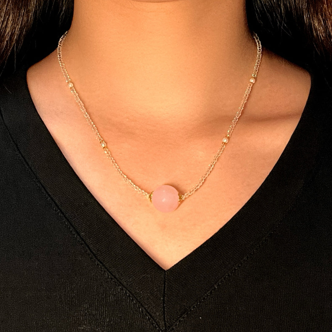 Collier Quartz Rose et Cristal de Roche – Sphère Intuitive