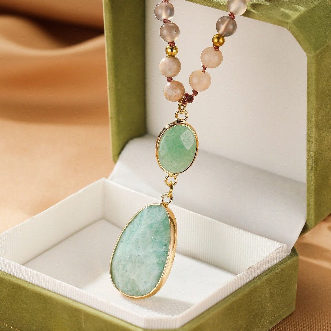 Collier Sautoir Amazonite et Quartz Rose – Harmonie Bohème