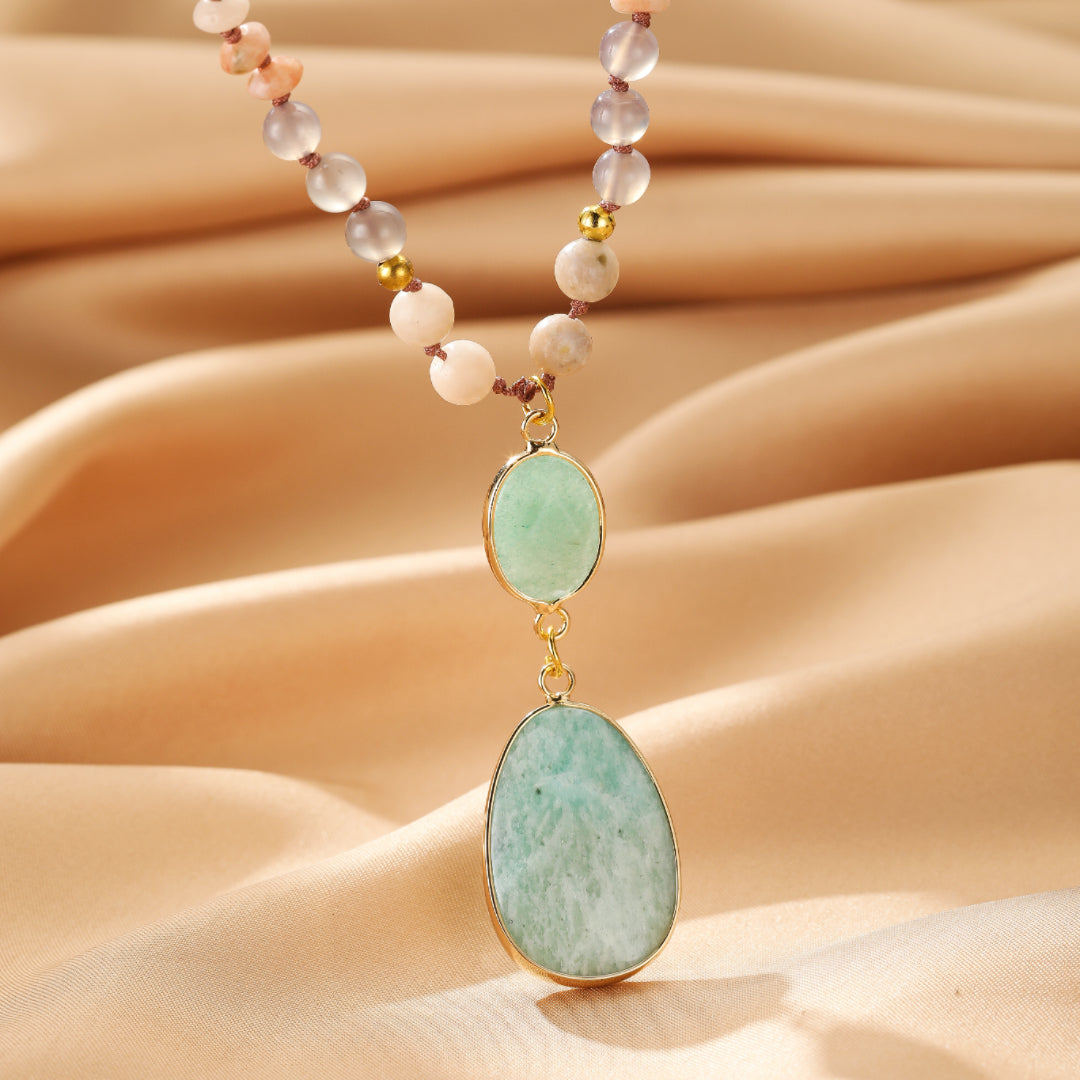 Collier Sautoir Amazonite et Quartz Rose – Harmonie Bohème