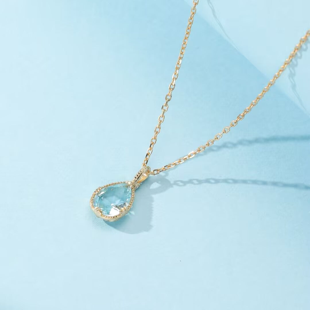 Collier Topaze Bleue – Goutte Céleste, Argent 925 Plaqué Or 14K