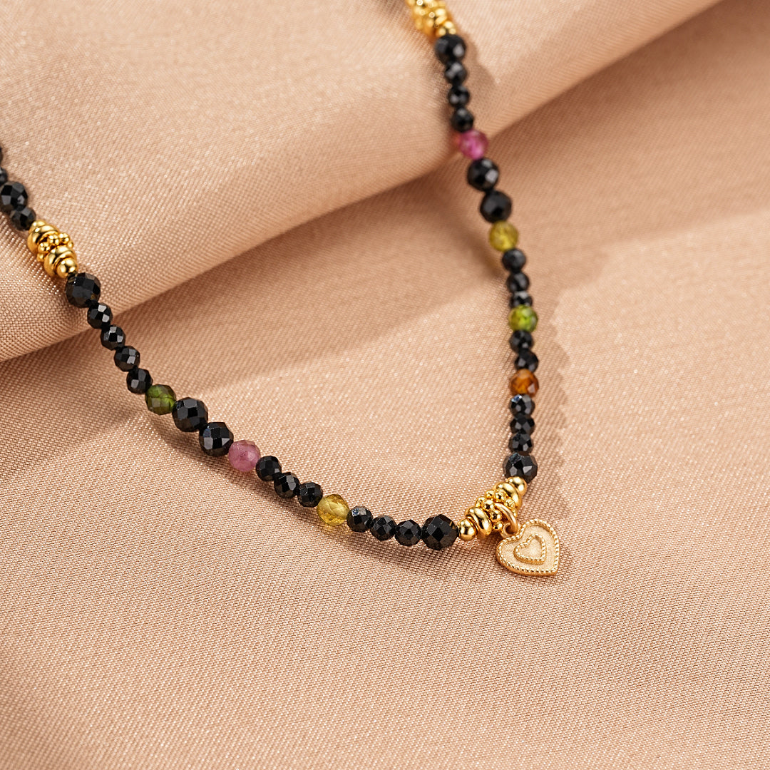 Black Tourmaline and Spinel Necklace Jewelry – Heart Talisman, Gold Plated Silver